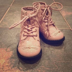 Pink patent leather cat combat boots
